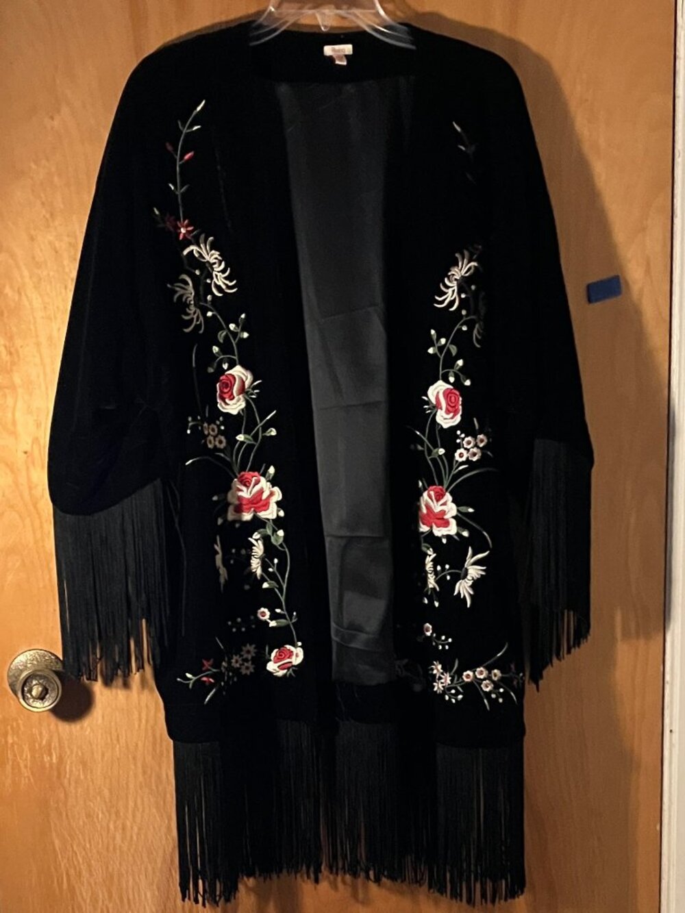 Reba black embroidered and fringed  open front velvet coat/jacket